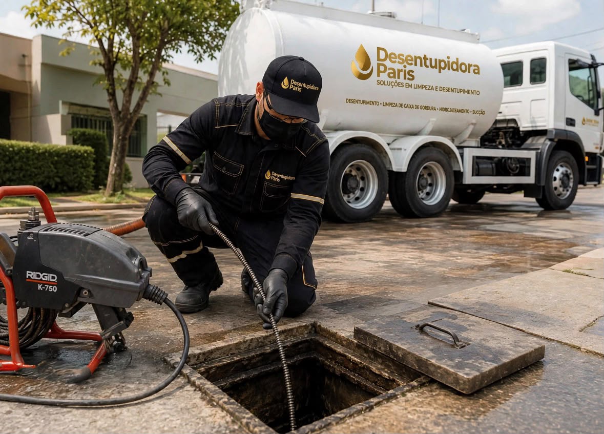 Técnico da Desentupidora Paris desentupindo um ralo na calçada, com o caminhão da empresa ao fundo